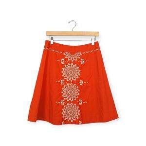 Anthropologie Lithe Orange & White Embroidered Beaded Mandala A-Line Skirt